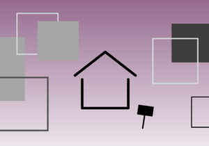 Abstract image that portrays a home, a gavel, and several decorative squares